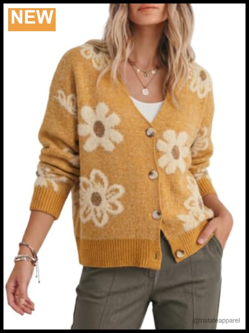 Floral Knit Cardigan Sweater Fuzzy Open Front Long Sleeve V-Neck Button Up for